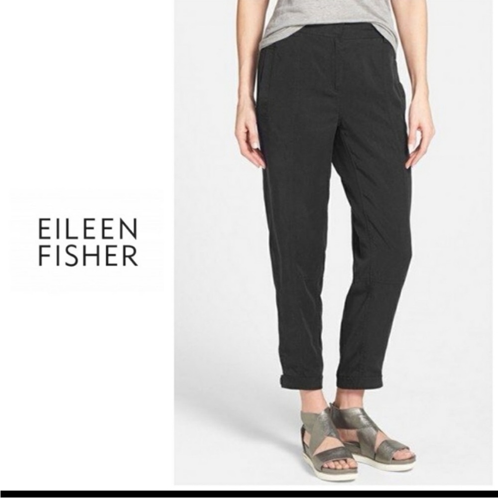 NWT Eileen Fisher Black 100% Tencel Twill Utility Ankle Pant Size Medium